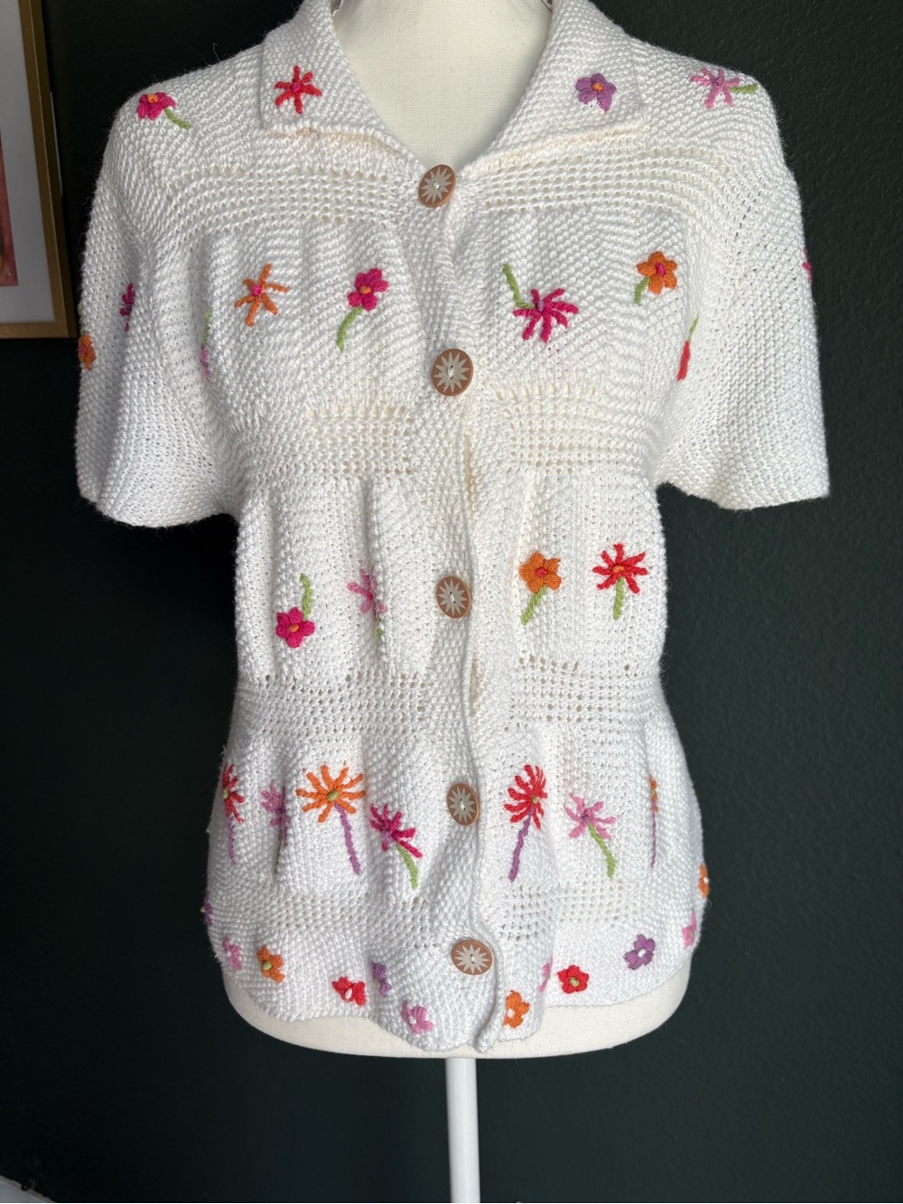 VTG Sigrid Olsen Hand Knit Floral Cardigan Sweater White Embroidered L